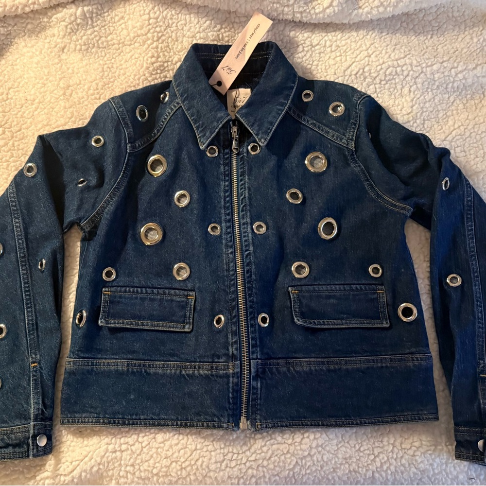 cinq a sept Navy Denim Eyelet Zip-Up Jacket